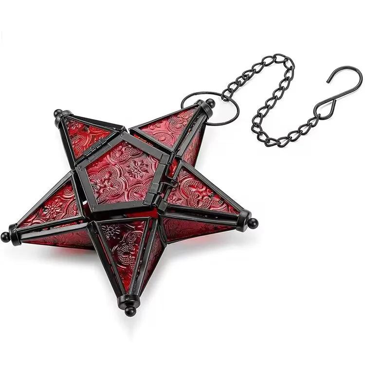 Nordic Retro Iron Art Colored Glass Wind Lamp Windproof Glass Candle Holder Hanging Five Pointed Star Candlestick Garden Decor