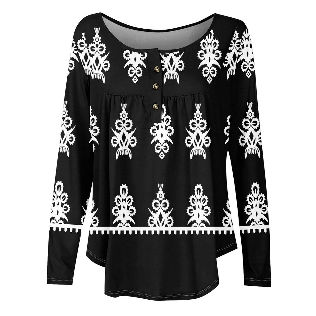 Women's Long Sleeve Tunic Loose Tops Casual Oversized Tops Pleated Tunic Button Down Casual Women's Print Tops