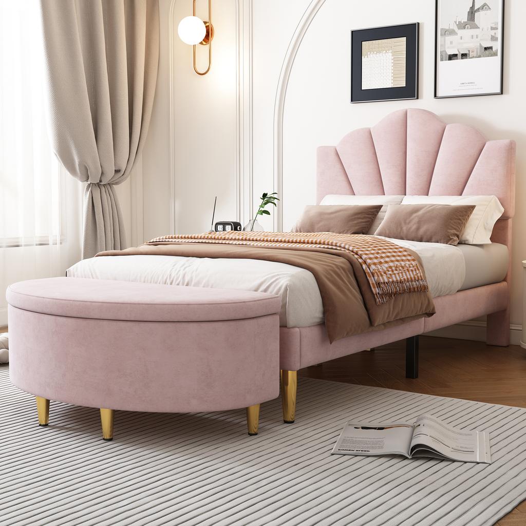 Gepolsterte Bank, mit Samt-Aufbewahrungsbox, Hocker mit Metallbeinen, Geeignet für Flur, Wohnzimmer, Schlafzimmer, 90 x 40 x 42 cm, Rosa