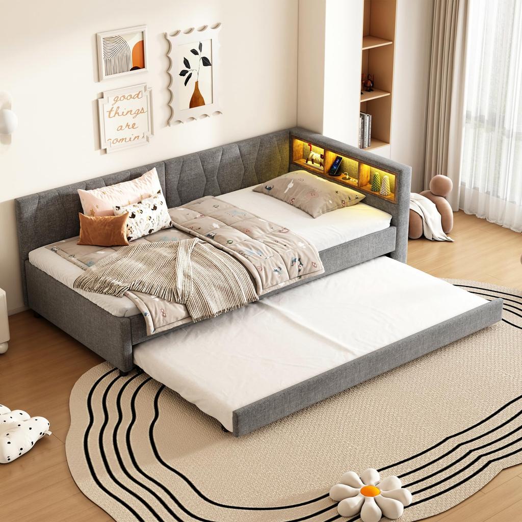 Sofa rozkładane 90x200 cm Dzień łóżko Rozkładane LED USB Type-C Schowek Łóżko wysuwane Stelaż listwowy Lniany Rama łóżka bez materaca