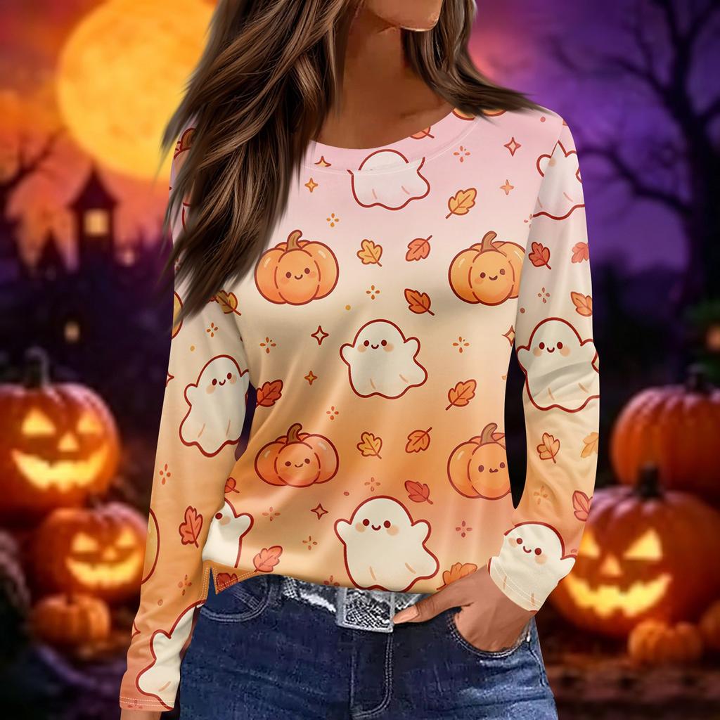 Women Long Sleeve Crew Neck Top Halloween Print Split Hem Casual Loose Fit Pullover Shirt for Fall Seasonal Wear