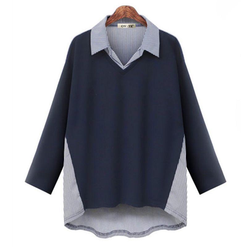 

Top Dual-Color Patchwork Loose Long Sleeve Shirt Fake Two-Piece Blue XL