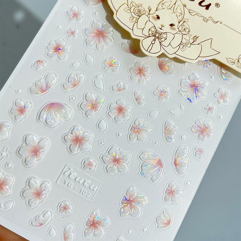 5D Flower Cartoon Nail Art Stickers Self-Adhesive Diy Cute 5D Reliefs Flower Rabbit Pattern Manicure Slider Decoration Stickers