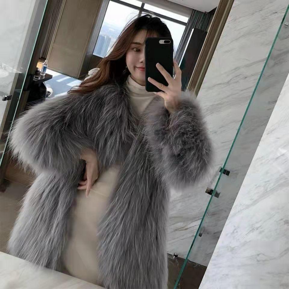 Fashion new imitation raccoon fur woven fur coat women's medium and long fur coat autumn and winter light