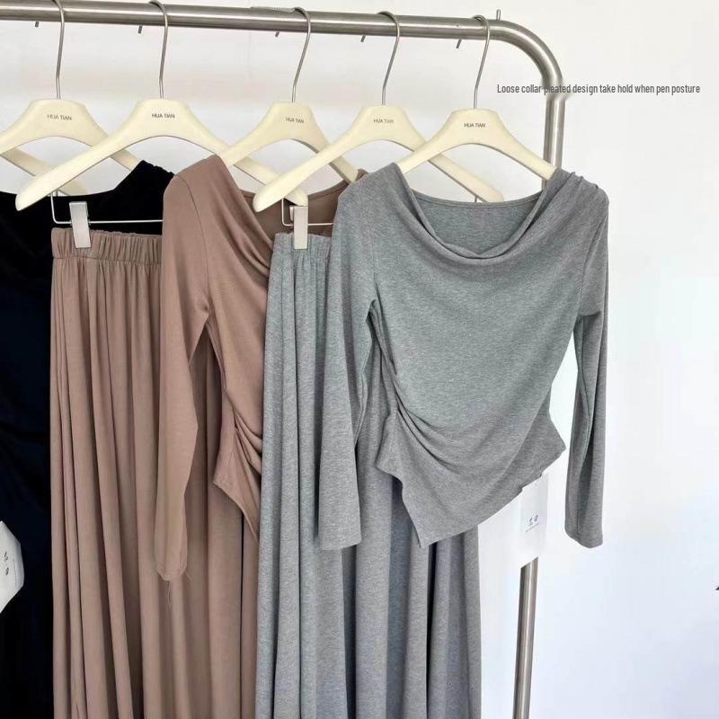 Women's Autumn Two-Piece Set: Irregular Off-Shoulder Long-Sleeve Top & High-Waisted Midi Skirt