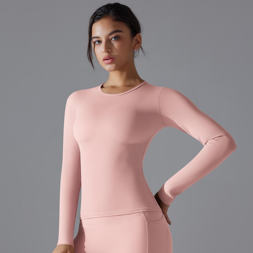New Double-sided Brushed Solid Color Long Yoga Suit With Long Sleeves, High Elasticity And Breathability For Sports Running
