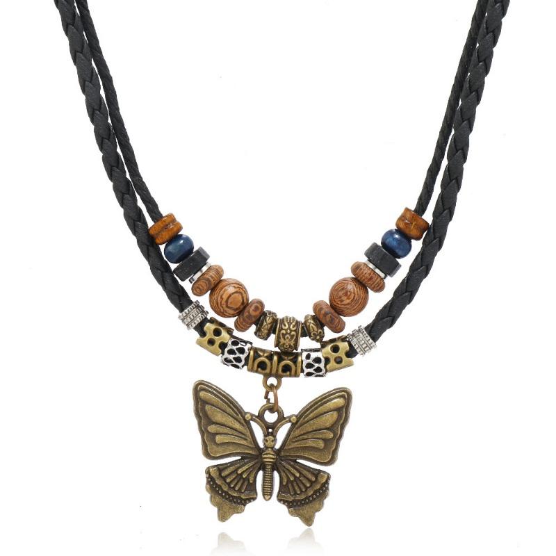 

Vintage Butterfly Pendant Multi Layer Braided Leather Beaded Necklace 1pcs чёрный