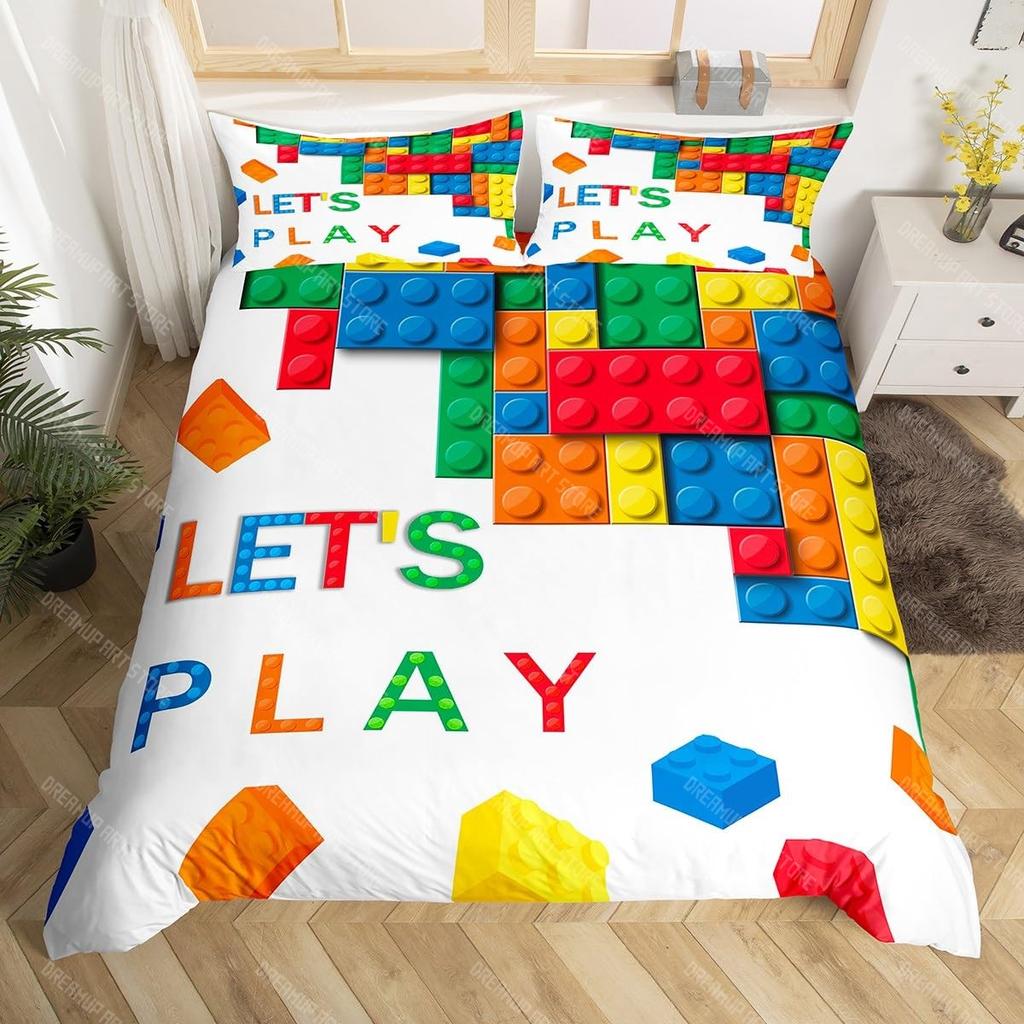 3D Building Block Pattern Duvet Cover Set Boys Girls Bedroom Fun Brick Printing Bedding Set Geometric Rectangle Comforter Cover