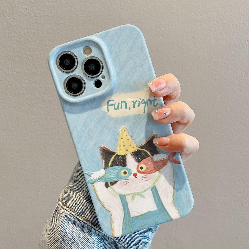 Lovely Cat Fish Glossy Film Hard PC Phone Case for Oppo A6 A5 A78 A3 A3X A60 A74 A38 A58 A96 A57 A76 A36 A17 A16e A55 Pro 4G 5G