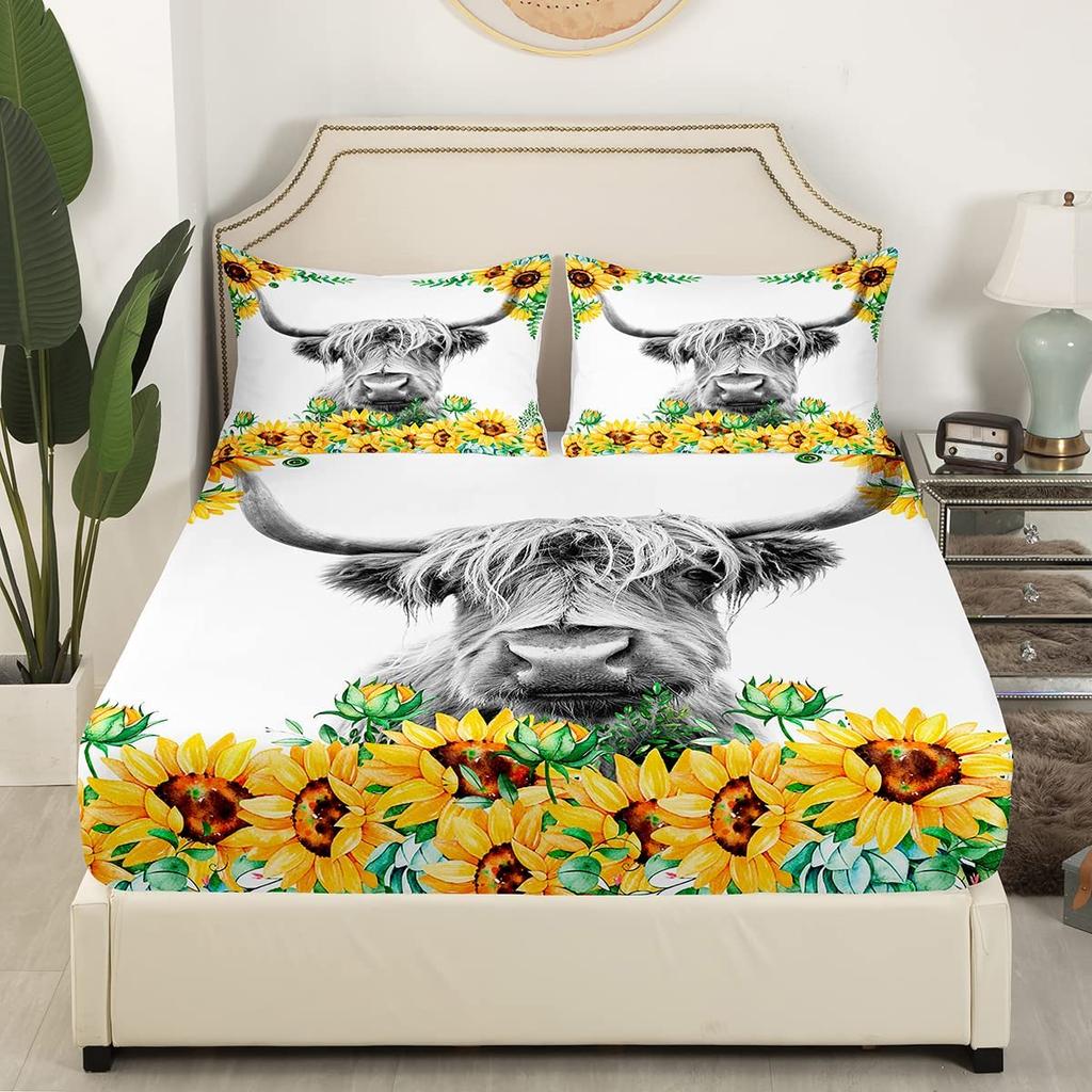 Highland Cow Fitted Sheet,Bull Cattle Bedding Set Yellow Sunflower Print Fitted Bed Sheets Western Farmhouse Theme Cow Bed Decor