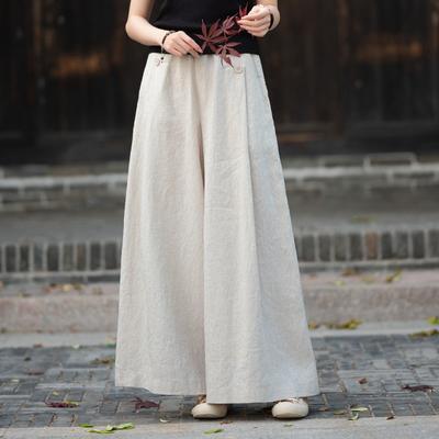 Vintage Women Wide Leg Pants Solid Color Autumn Trousers Elastic Waist Patchwork Button Pockets Pants