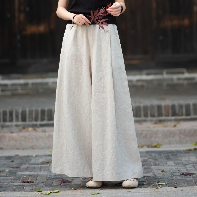 

Johnature Vintage Women Wide Leg Pants Solid Color Autumn Trousers Elastic Waist Patchwork Button Pockets Pants One Size бежевий