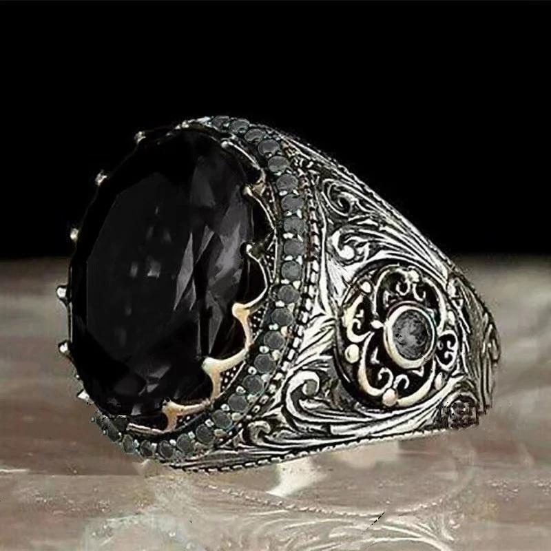 New Punk Turkey Vintage Rings Geometric Oval Black Suitable for Anniversary Party Wedding Men's Rings High-end Luxury Jewelry