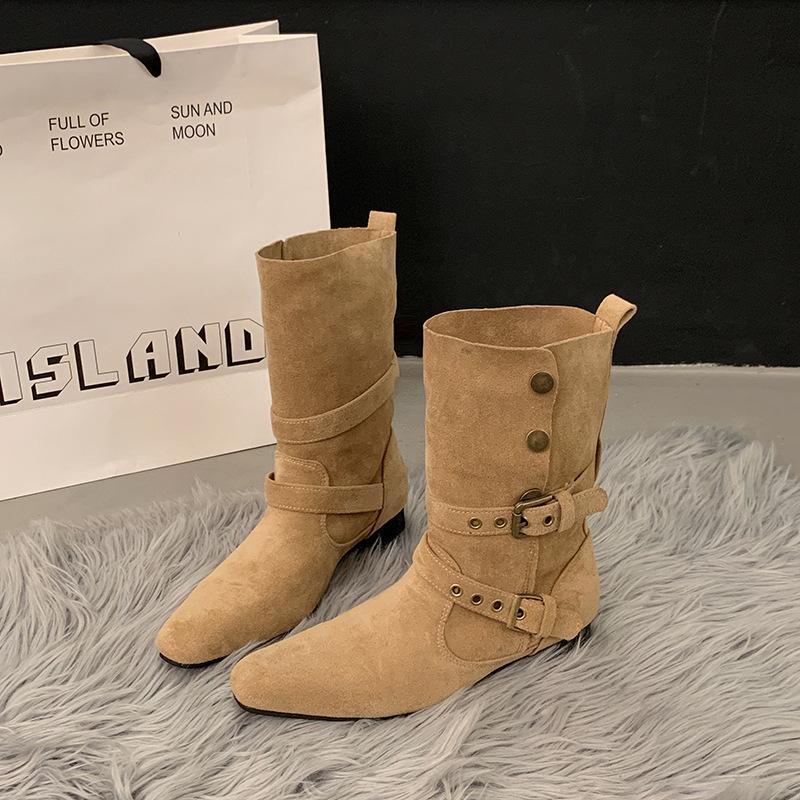 

Остроносые маленькие короткие ботильоны на низком каблуке женская обувь 2025 новые весенне-осенние одинарные ботинки ретро с пряжкой на ремне средней высоты голенища ботинки-трубы для брюк 40 хаки