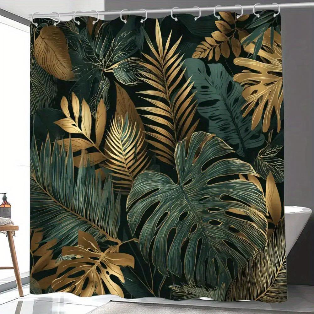 

1pc Golden Green Leaf Bathroom Shower Curtain, Tropical Style, Modern Fashion Shower Curtain, Includes 12 Hooks, 180*180cm Bat 150x180cm