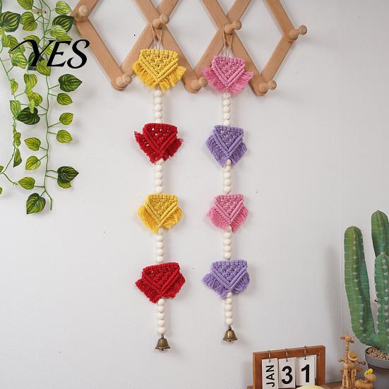 Bohemian Wandkunst Geflochtene Dreiecke Wandteppich mit Glocke, Hängender Geometrischer Wandteppich, Geknotetes Seil Handgewebte Wimpelkette Holzperlen für Zuhause Kinderzimmer