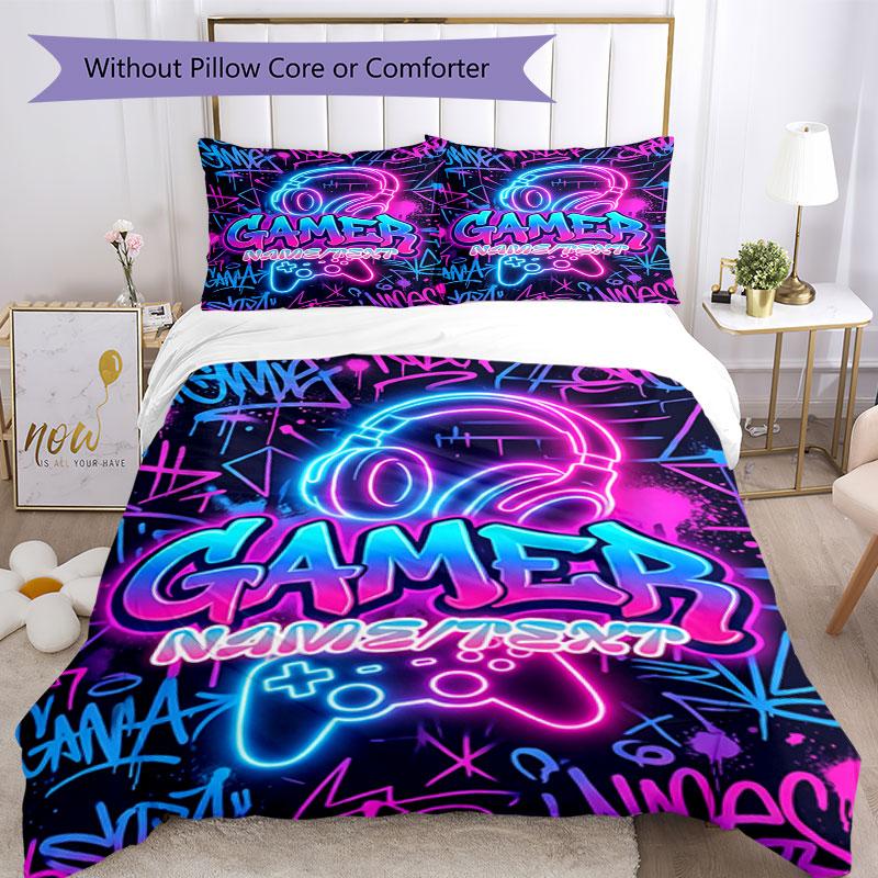 3PC Custom Name Gamer Neon Artwork Bedding Set Printed  Bedding Set Duvet Cover Closure Includes 1 Duvet Cover & 51 Pillowcases for Bedroom