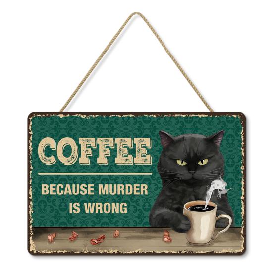 Retro Cat Coffee Wall Sign Funny Black Cat Wall Art Poster Vintage Wood Hanging Sign for Kitchen Coffee Bar Home Decor