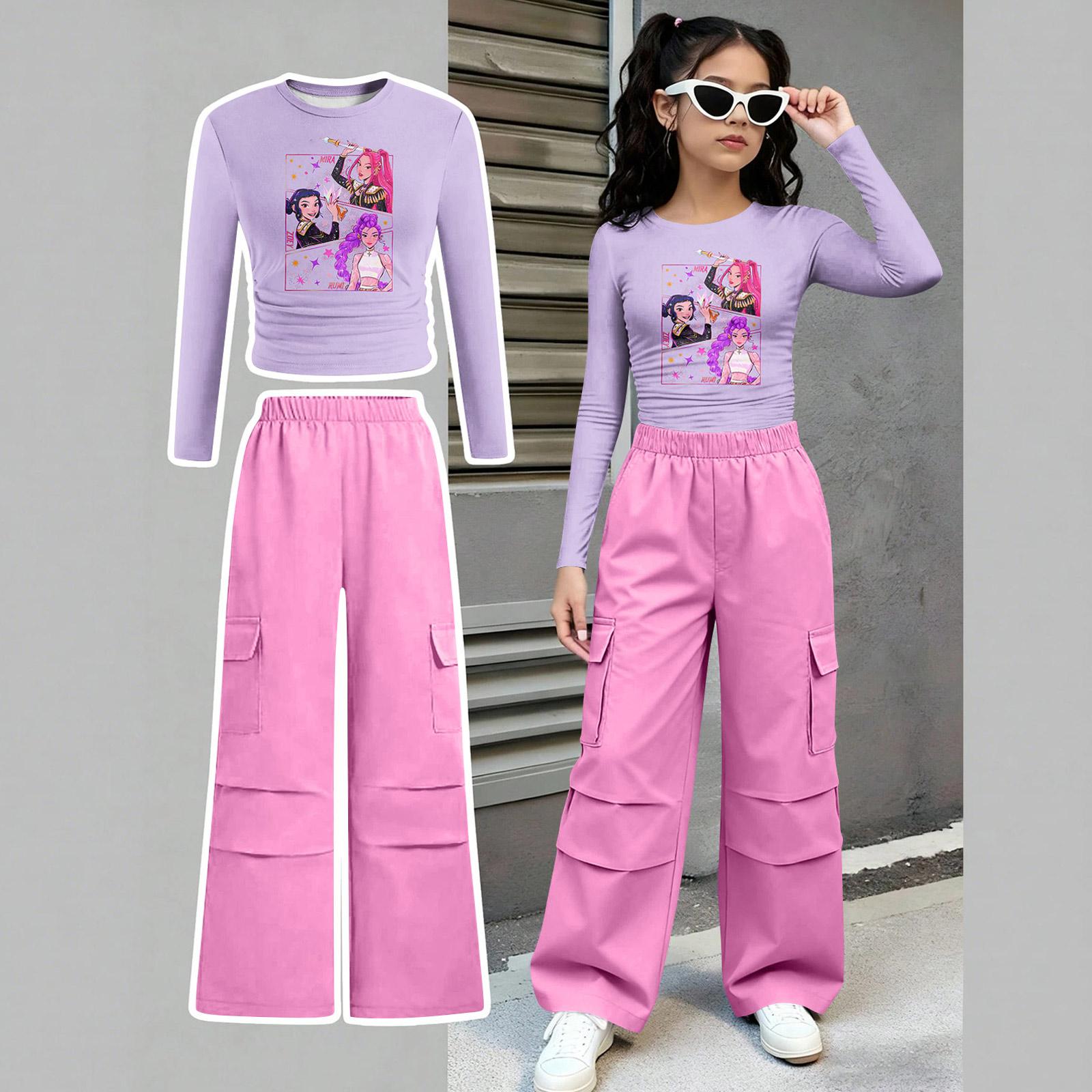

Children s Summer Waist Cinched Long Sleeve Top And Straight Leg Two-Piece Athletic Set Short Printed Clothing Set 160 фіолетовий