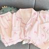 Sweet Striped Bow Print Korean Style Crinkle Pajamas Set for Women - Three-Piece, Short Sleeve Homewear.