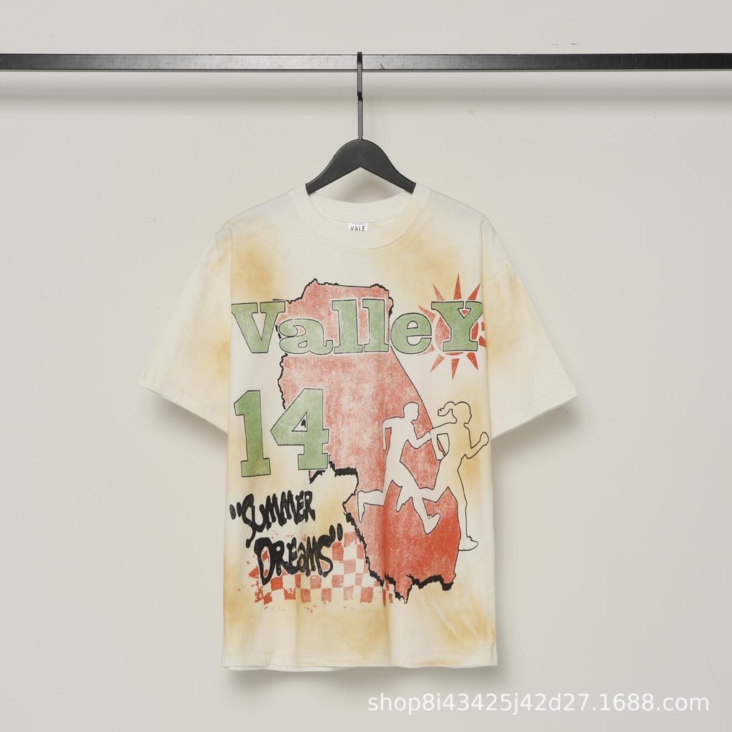 2025 Amerikanische trendige Marke Vall gewaschen alt bedrucktes kurzärmeliges Hip-Hop lockeres Streetwear-T-Shirt für Männer und Frauen