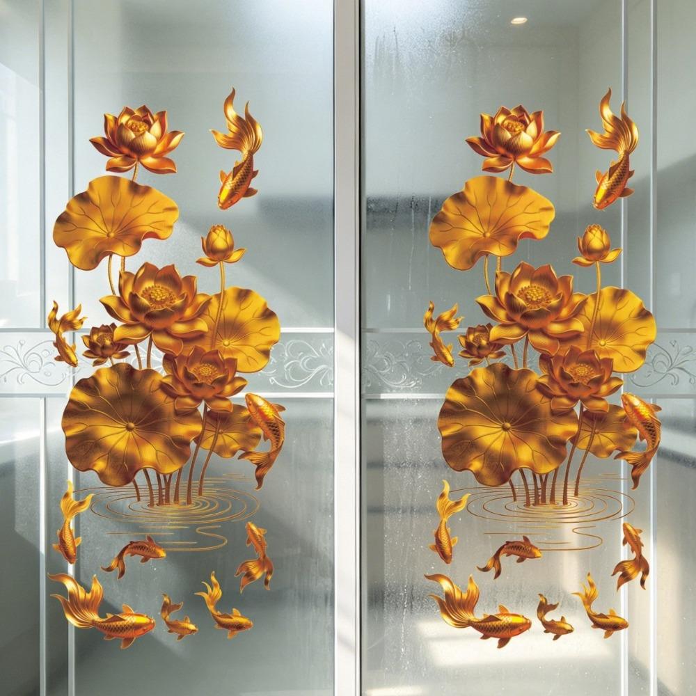 2Pcs Anti-static Flower Koi Sticker 3D Effect Chinese Style Glass Door Sticker Plastic Golden Lotus Wall Sticker