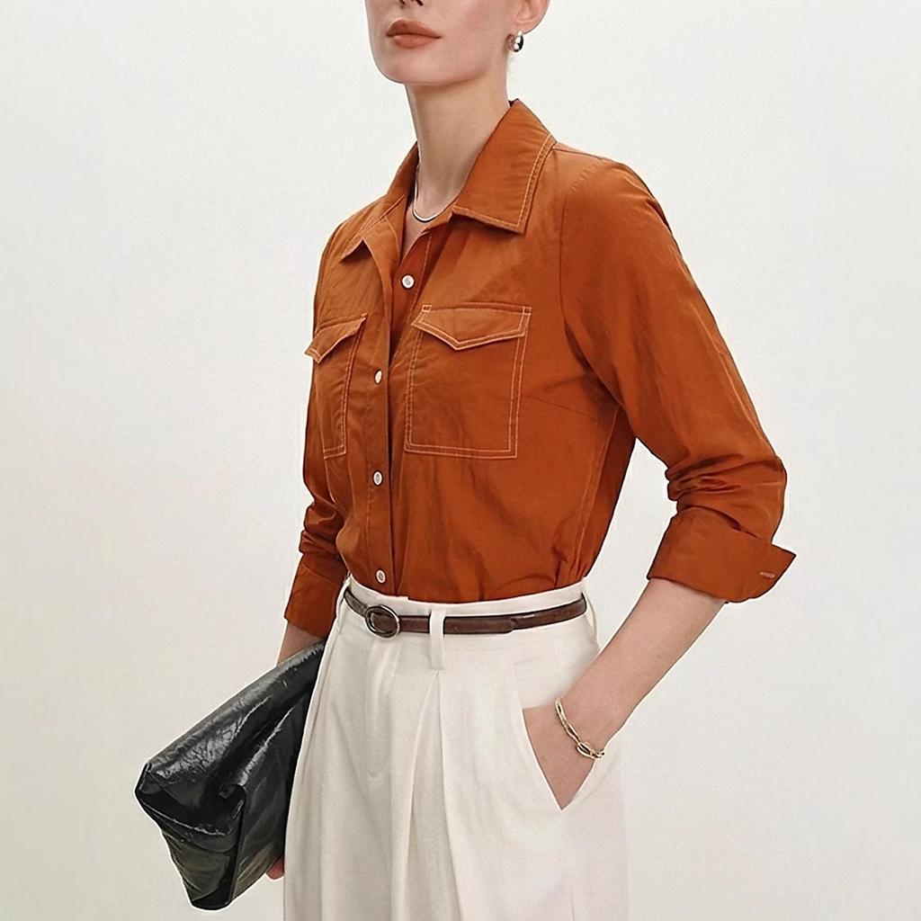 European and American Women's Retro Multi-Pocket Contrast Stitching Lapel Shirt - Casual Workwear Style