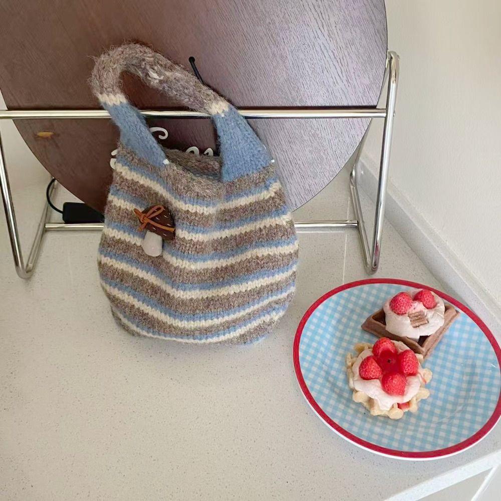 Color-Block Knitted Wrist Bag Japanese Style Wool Bucket Bag Little Mushroom Handbag  Shopping Bag