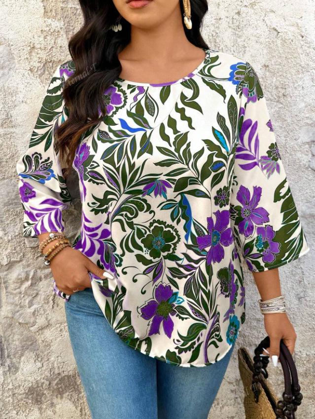 

2025 European & American Plus Size Women s Floral Print 3/4 Sleeve Casual T-shirt 3XL