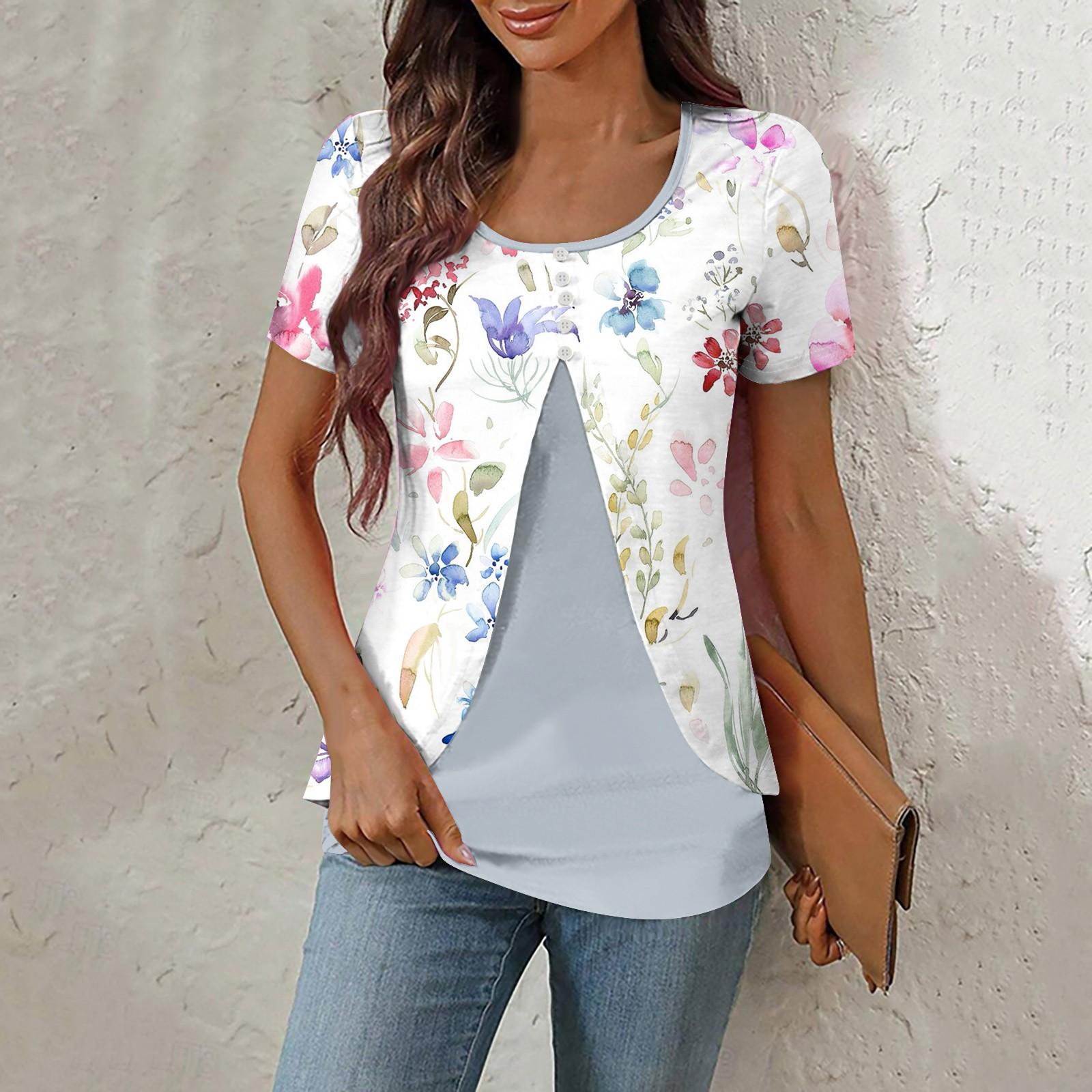 

Рубашки для женщин, топы с короткими рукавами, нарядные летние повседневные блузки с круглым вырезом и нерегулярным подолом, футболки S белый