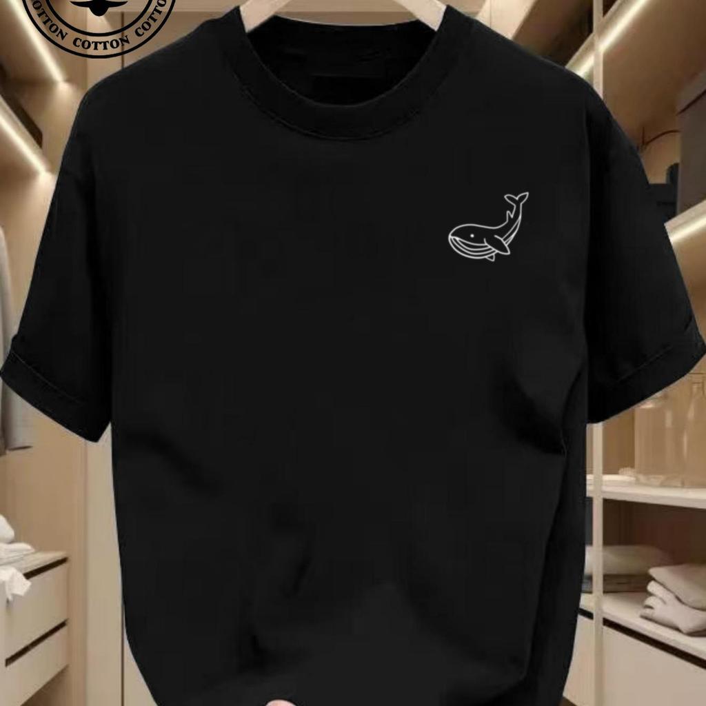 Men's Summer 100 Cotton Fashionable Casual Sports Loose Large Whale Pattern Printed Round Neck Short Sleeve T-shirt Top T Shirt