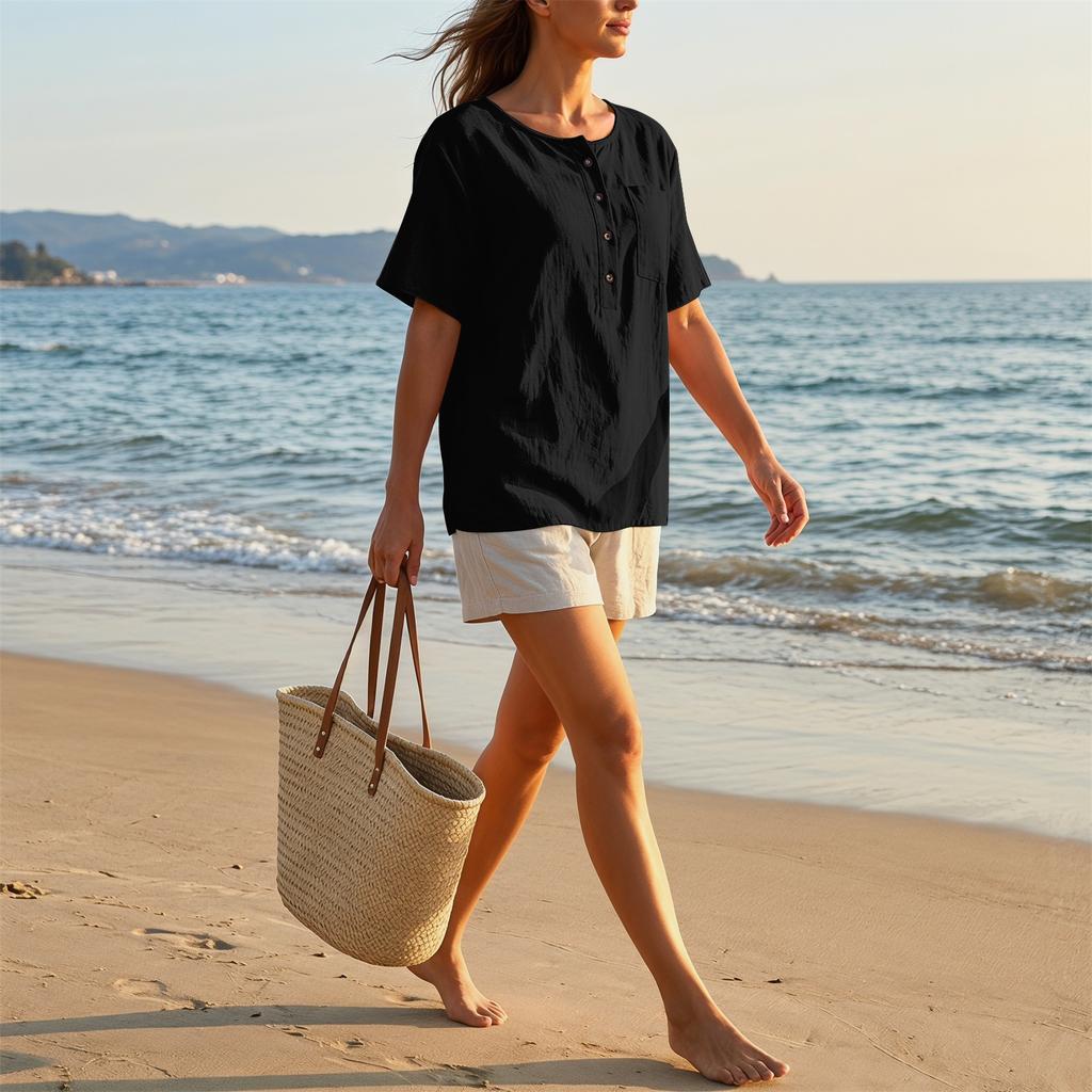 Women Short Sleeve Henley Neck Button Front Linen Cotton Shirt with Chest Pocket Loose Fit Casual Blouse Top for Summer