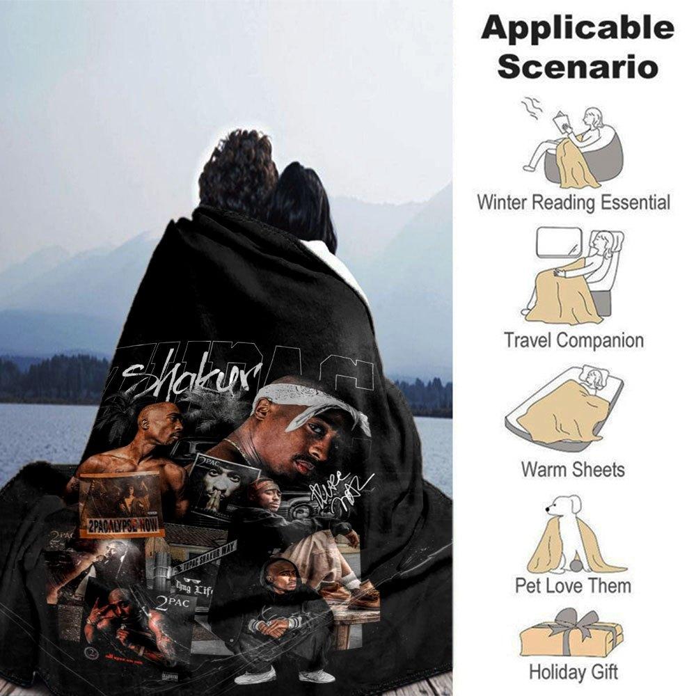 1 Stück 2Pac Hip Hop Decke Weich Leicht Ganzjahres Mehrzweck Überwurf für Sofa, Bett, Büro & Picknicks, Französischer Stil mit Ikonischem Albumcover & Zitaten