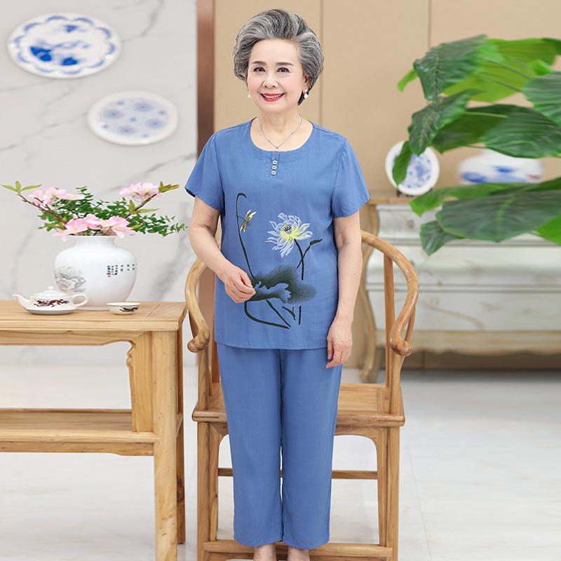 Plus Size Cotton Linen Two-Piece Set for Middle-Aged & Elderly Women: Short Sleeve, All-Cotton Silk Blend