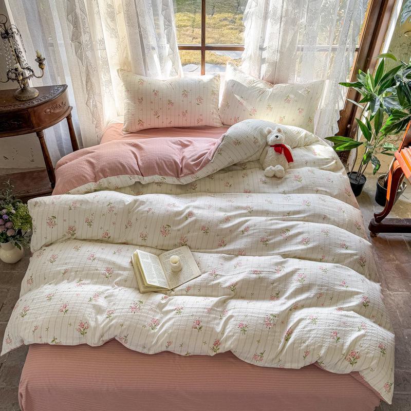 Class A Bamboo Cotton Double Layer Soft Four-Piece Floral Gauze Set for Mothers & Babies - Includes Student Dormitory Three-Piece Set