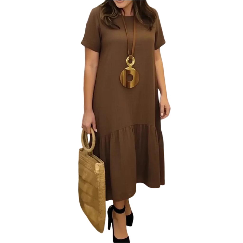 Women's Fashion Color Dress Round Neck Short Sleeve Casual Loose Ruffled Dress