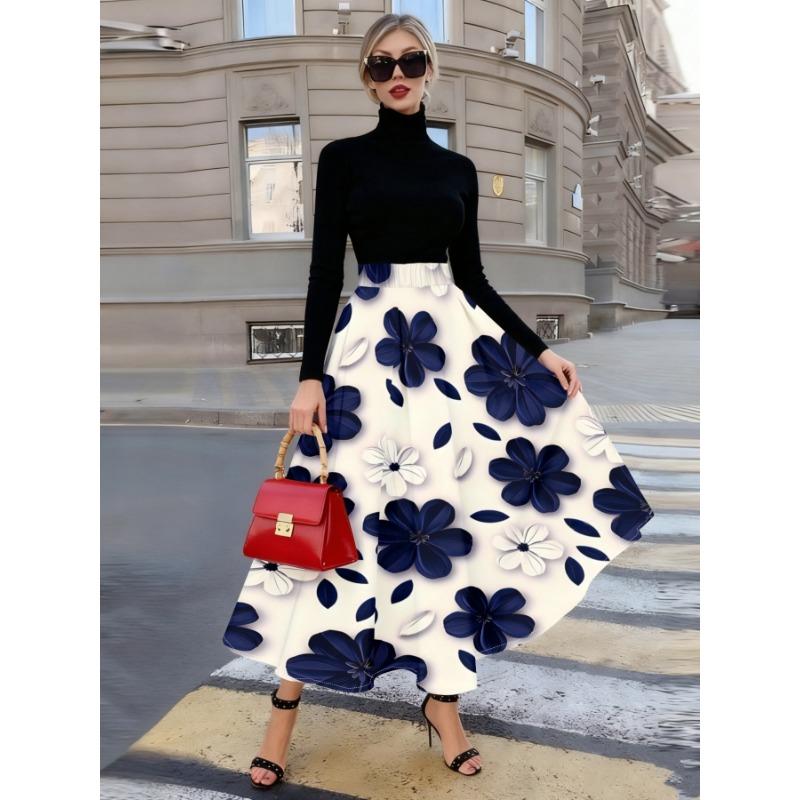 Printed Design Suitable for All Four Seasons Blue White Floral Pattern Print Vacation Style Elegant Style Women's Skirt