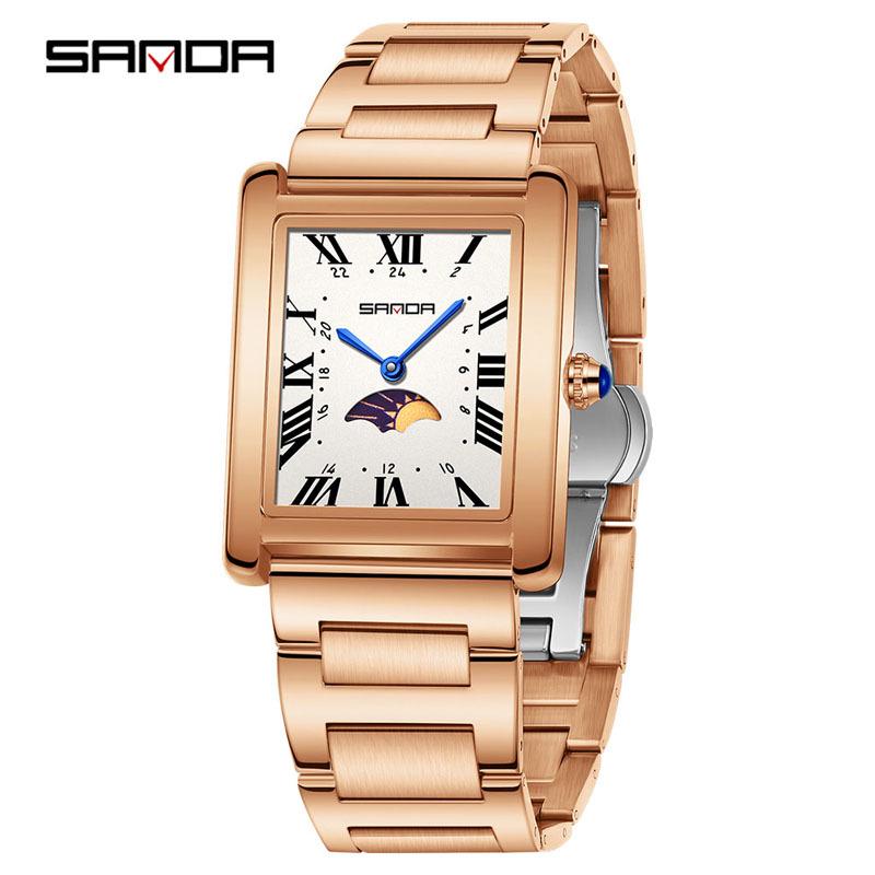 Sanda Elegant Ladies' Square Alloy Waterproof Quartz Watch with Roman Numerals and Moon Phase.