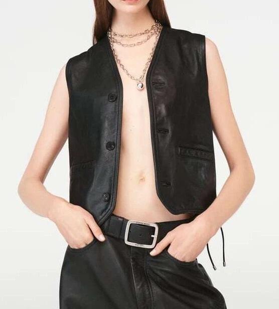 

Женский жилет из натуральной кожи, классический черный жилет из овчины на пуговицах в западном стиле 3XL