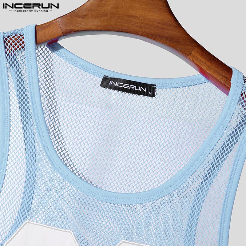 INCERUN Men Sleeveless Letter Print Mesh Bodysuits See Through Fitted Briefs Jumpsuits