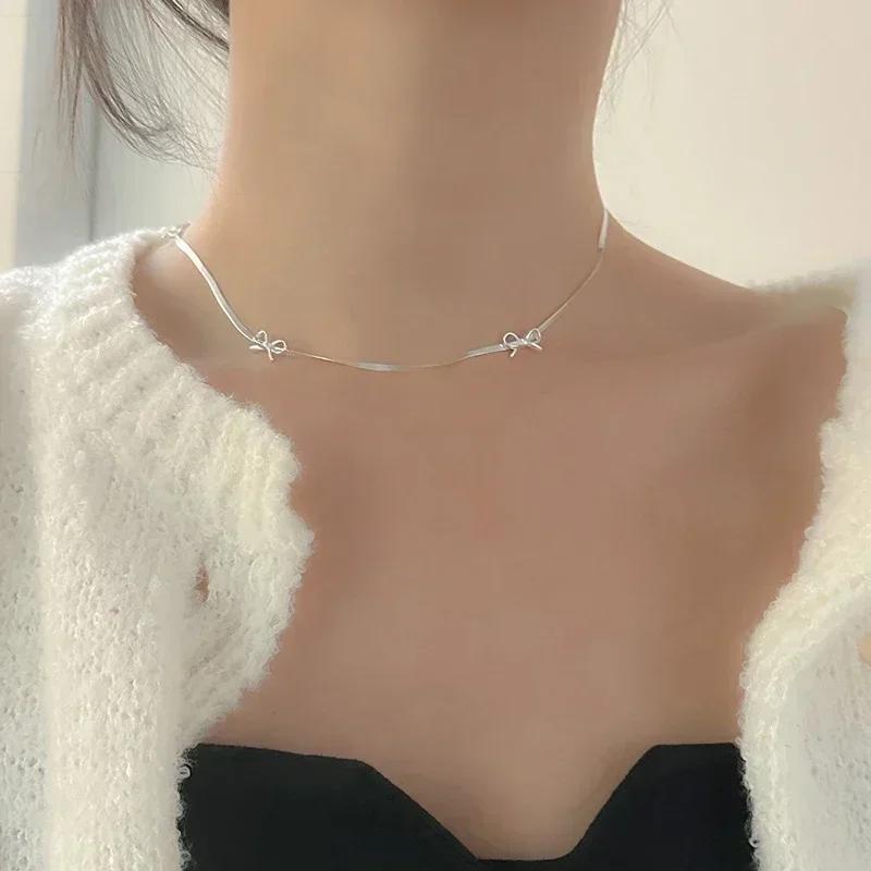 Cute Fresh Silver Color Simple Bowknot Bracelet for Women Ladies Elegent Chain Necklace Bangle Party Light Luxury Jewelry