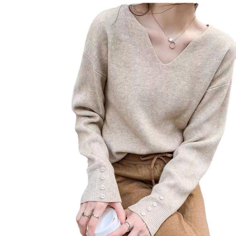 Women Autumn Korean Basic Casual Sweater V-Neck Long Sleeve Knitted Sweaters Solid Jumper Bottoming Pullovers Top