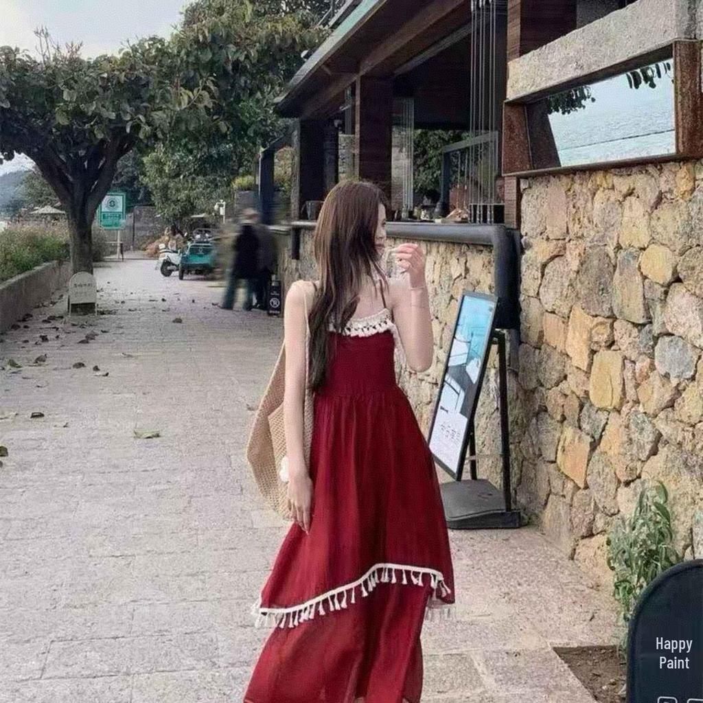 Bohemian Red Strappy Patchwork Fringe Dress - Ethnic Style Summer 2026