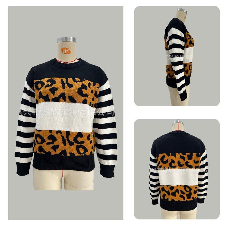 Women S Loose Knit Sweater Round Neck Long Sleeve Leopard Print Color Block Pullover