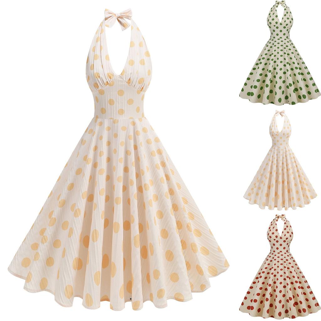 Women's Retro  High Waist Polka Dot Holiday Party Dress Neck Backless Sexy Midi Dress