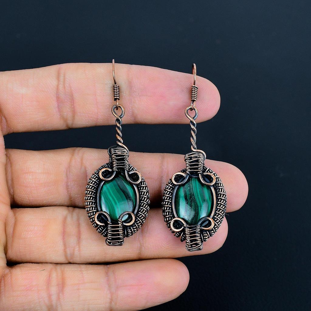 Malachite Earrings, 999 Copper Wire Wrapped Jewelry, Gift For Women Handmade Earrings Gemstone Jewelry