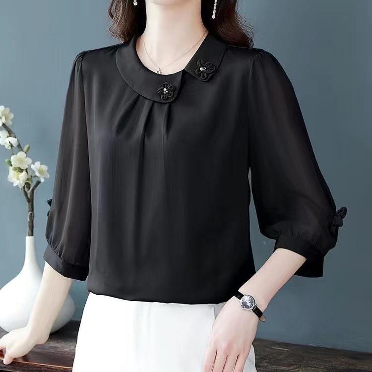 

Рубашка шифоновая летняя Plus однотонная с рукавами семь четвертей и свободным темпераментом 5XL чёрный