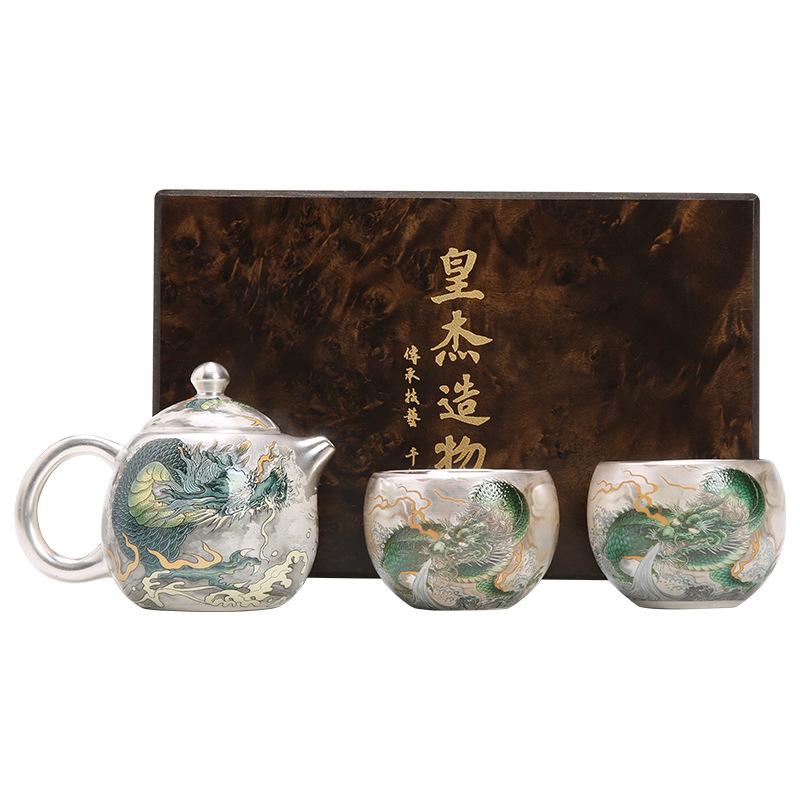 Silver Teapot 999 ******lver Qinglong Teapot Chinese Kung Fu Tea Set Tea Pot Household Filter Single Pot High-end Gift Box