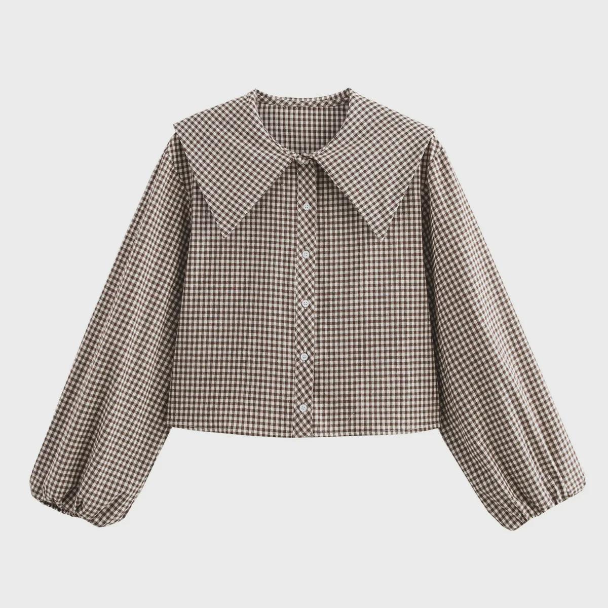 

European and American Women s Plaid Lapel Shirt Medium