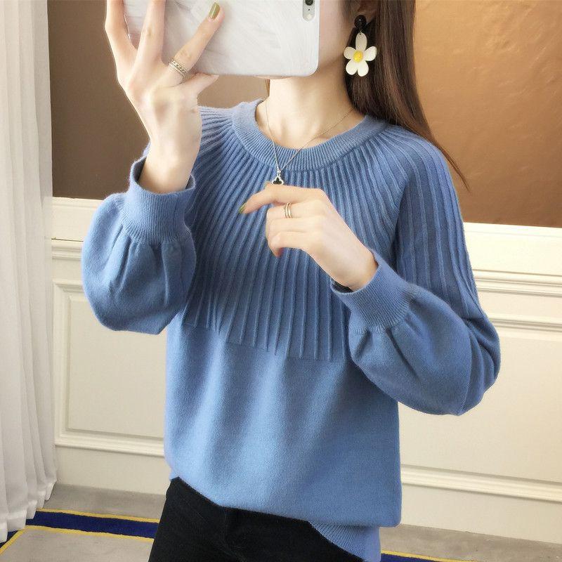 Round Neck Sweater Women's Hong Kong Style Solid Color Sweater Loose Casual Knitted Base Sweater Autumn and Winter